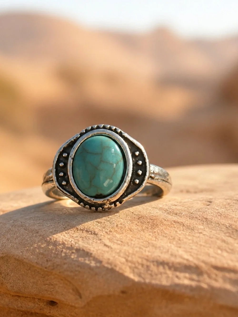 Turquoise Stone Silver-Tone Ladies Ring - Blue Size 8